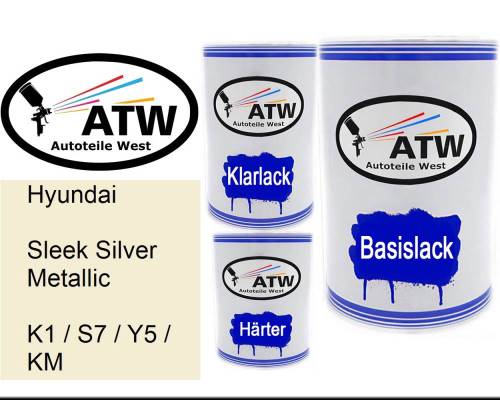 Hyundai, Sleek Silver Metallic, K1 / S7 / Y5 / KM: 500ml Lackdose + 500ml Klarlack + 250ml Härter - Set, von ATW Autoteile West.